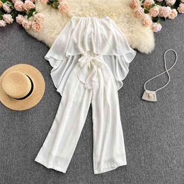 Women White Jumpsuit Fashion Summer Strapless Irregular Ruffles Sash Lace-up Wide Leg Long Pants Casual Beach Overalls 210603