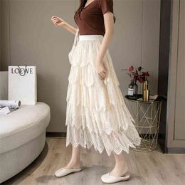 WWENN Maxi Chiffon Skirt Women Fashion Korean Elastic High Waist Cake Long Skirts Female Lady Black apricot Bottoms 210507