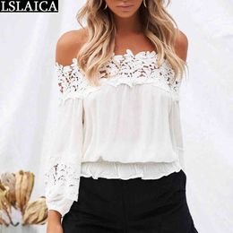 Summer Blouse Long Sleeve Lace Patchwork Off The Shoulde White Blouses for Women Chiffon Casual Elegant Wild Fashion Woman Tops 210520