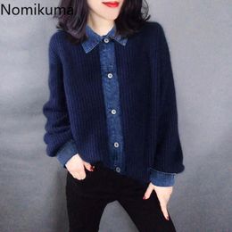 Nomikuma Demin Patchwork Fake 2pieces Knitwear Jacket Spring New Sweater Coat Causal Turn-down Collar Knitted Outwear 6D908 210427