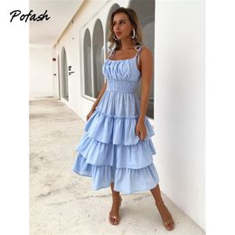 Pofash Cascading Ruffle Midi Dress Women Solid Blue Ruched Spaghetti Strap Bow Elegant Dresses Summer Backless Beach Vestidos 210409