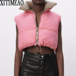 ZA Women Fashion Thick Warm Coat Vintage Pockets Drawstring Wear Both Positive And Negative Sleeveless Cotton Vest Outerwear 210817