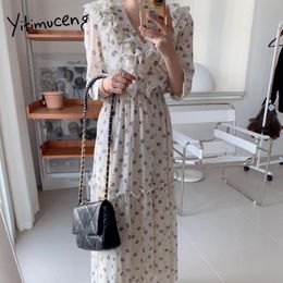 Casual Dresses Yitimuceng Floral Print For Women Summer Spring 2021 Ruffles Korean Fashion Midi Dress Long Sleeve White Black Sundress