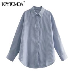 Women Fashion Oversized Side Vents Striped Blouses Long Sleeve Button-up Female Shirts Blusas Chic Tops 210420