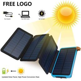 Free Customize LOGO 18000mAh Panels Foldable Solar Energy Mini Waterproof Solar Power Bank Fast Charger Battery 2 USB Port LED Light Torch