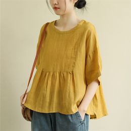 Summer New Arts Style Women Short Sleeve Loose T-shirt All-matched Casual Cotton Linen O-neck Tee Shirt Femme Tops M171 210330