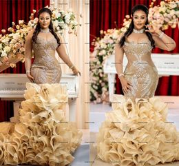 African Organza Wedding Dresses with Ruffles Train Beaded gold champagne Mermaid Long Sleeves Arabic Bridal Gowns robe de mariage Lace-up