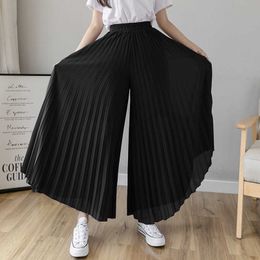 Women Spring Summer Pleated Loose Pants Fashion Female Chiffon Elastic Waist Skirt Pants Black Blue Wide Leg Pants Femme 210802