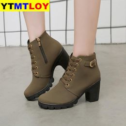 top quality ankle boots for women new elegant square heel shoes woman high solid vintage lace up ladies winter platform boots high