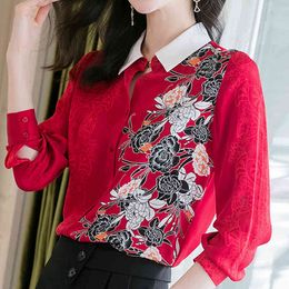 Blouse Women Blusas Mujer De Moda Long Sleeve Red Print Chiffon Blouse Turn Down Collar Office Blouse Shirt Tops Blusa E170 210426