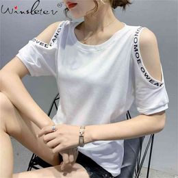 Summer Korean Clothes Cotton T-Shirt Girls Fashion Sexy Off Shoulder Letter Women Tops Short Sleeve Loose Tees T12826A 210421