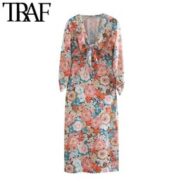 TRAF Women Chic Fashion With Bow Tied Floral Print Midi Dress Vintage V Neck Puff Sleeve Female Dresses Vestidos Mujer 210415