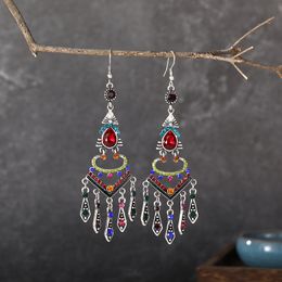 Vintage Women Bridal Wedding Dangle Earring Colourful Rhinestone Geometric Fan-shaped Tassel earrings Jhumka Bohemia Jewellery