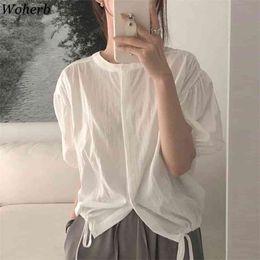 Women Simple Shirts Korean Chic Temperament Round Neck Single-breasted Drawstring Lace-up Blouses Puff Sleeve Loose Tops 210519