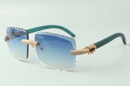 2021 cutting lens micro-paved diamonds sunglasses 3524020, teal wooden temples glasses, size: 58-18-135 mm