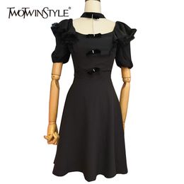 Black Patchwork Diamond Bowknot Dress For Women Stand Collar Puff Short Sleeve High Waist Midi Dresses Female 210520