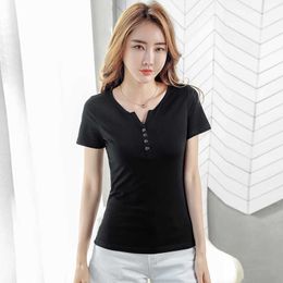 T Shirt Women Plus size Fashion casual short sleeved Summer tops Solid Colour V-Neck t-shirt Elegant slim women tops 210604