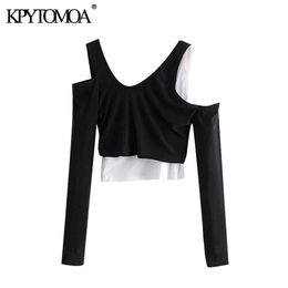 Women Fashion Hollow Out Patchwork Cropped Blouses Long Sleeve Asymmetrical Female Shirts Chic Tops 210420