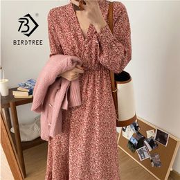 Spring Autumn Women Ladies Sleeve Boho V Neck Floral Print Robe Medium Long T-Shirt Dress T0D23C 210416