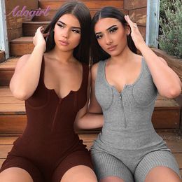 Fitness Activewear Ribbed Knit Zipper Up V-Neck Sleeveless Elastic Playsuit Women Outfit Workout Sport Jumpsuit Overall Playsuit