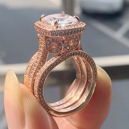 2020 Arrival Vintage Fine Jewelry 925 Sterling Silver&Rose Gold Cushion Shape White Topaz CZ Diamond 3PCS Wedding Ring