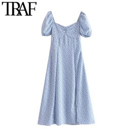 TRAF Women Chic Fashion Floral Print Front Slit Midi Dress Vintage Puff Sleeve Back Elastic Female Dresses Vestidos 210415