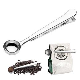 Stainless Steel Ground Coffee Tea tools Measuring Scoop Spoon With Bag Seal Clip Kitchen Metal Spoons RH1205