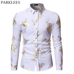 Mens Gold Rose Floral Print Shirts Brand Steampunk Chemise White Long Sleeve Wedding Party Bronzing Camisa Masculina 210721