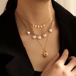 Pendant Necklaces Women Fashion Jewellery Stainless Steel Three-layer Pearl Necklace Simple Love Heart Lock Statement