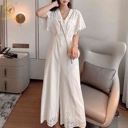 Women Rompers Summer Wide Leg Overalls Vintage Lace Hollow Out Short Sleeve Jumpsuits Casual High Waist Playsuits 210520