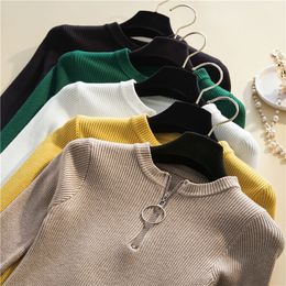 Autumn winter soft Sweaters Women Sexy Slim solid color Korean zipper sweater knit Pullovers bottom ladies pullover 210420