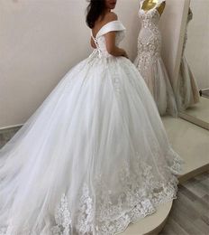 Off Shoulder Elegant Ball Gown Wedding Dresses Lace Applique Beaded Sweep Train Custom Made Corset Back Tulle Plus Size Vestidos De Novia