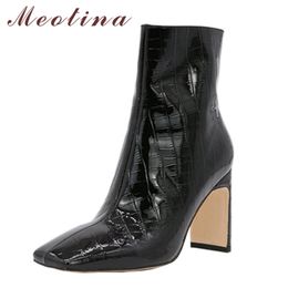 Real Leather Super High Heel Ankle Boots Woman Shoes Zip Chunky Heels Square Toe Short Female Black Size 40 210517