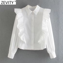 Women Elegant Solid Ruffles White Smock Blouse Office Ladies Single Breasted Business Shirts Chic Blusas Tops LS7436 210416