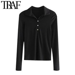 TRAF Women Fashion With Ribbed Trims Knitted Blouses Vintage Long Sleeve Button-up Female Shirts Blusas Chic Tops 210415