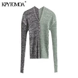 Women Fashion With Button Patchwork Knitted Sweater V Neck Long Sleeve Female Pullovers Chic Tops 210420