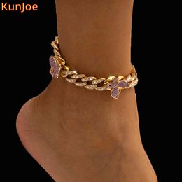 KunJoe Punk Iced Out Butterfly Luxury Gold Colour Cuban Chain Anklet Bracelet Beach Barefoot Women Hip Hop Jewellery