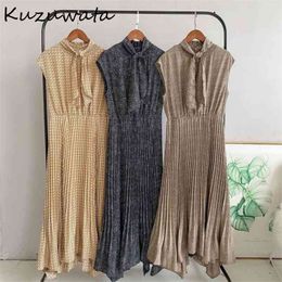Kuzuwata Chic Irregular Design Print Women Dress New Vintage Sleeveless Draped Vestidos Spring Drawstring Shirt Dresses 210331