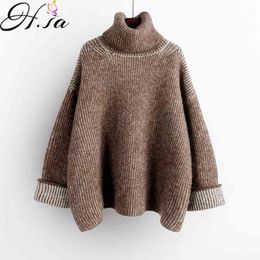 H.SA Women High Turtleneck Green Sweater and Jumpers Long Sleeve Solid Oversized Pullovers Thick Winter Knitwear Korean 210417