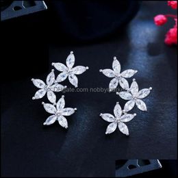Stud Earrings Jewellery Cwwzircons Trendy White Cubic Zirconia Sier Colour Cluster Flower Leaf For Women Chic Korean Style Cz933 Drop Delivery