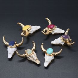 Gold OX Cow bones Head Shape Quartz Healing Reiki Stone Charms Crystal Pendant Finding for DIY Necklaces Women Fashion Jewelry 46x46mm