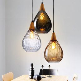 Nordic Creative Glass Pendant Lamp Dia 16 20cm Gray Amber Clear Water Drop Shape Bottle Wood Hanging For Restaurant Lamps