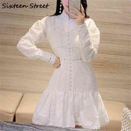 White Solid Single-breasted Woman Dress Long-sleeved O-neck High Waist bodycon Ladies vintage elegant mini dress female 210603