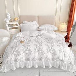 Bedding Sets 4/6pcs Luxury Set Egyptian Cotton Bed 3D Flowers Lace Duvet Cover Pillowcases Princess White Sheets Double
