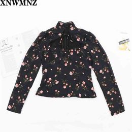 Vintage Slim Hollow Out Tops Elegant Pink Rose Floral Print Black Women blouse Party blusas mujer de moda top shei n vad 210520