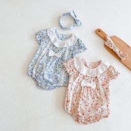 Newborn Baby Girls Jumpsuits Floral Print Ruffles Short Sleeve Princess Bodysuits For Girls Summer Baby Clothing 210413