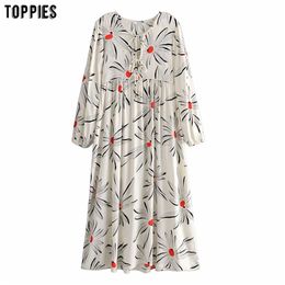 Fashion Bohemian Long Dresses Woman Floral Printing Dress Loose Lace Up Blouses 210421