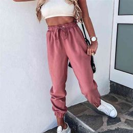 Streetwear Summer Casual Pants Strap Pocket Slim Solid Colour Drawstring Womens 210508