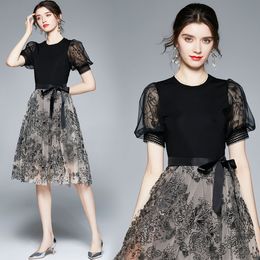 Sequins Womens Lace Dress Puff Sleeve Summer Bow Dress High-end Trend Lady Dresses Party Office Dresses
