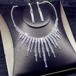 Jewellery Sets Luxury designer Bracelet FYUAN Shine Geometric Rhinestone Necklace Earrings For Women Long Tassel Weddings Banquet Gifts